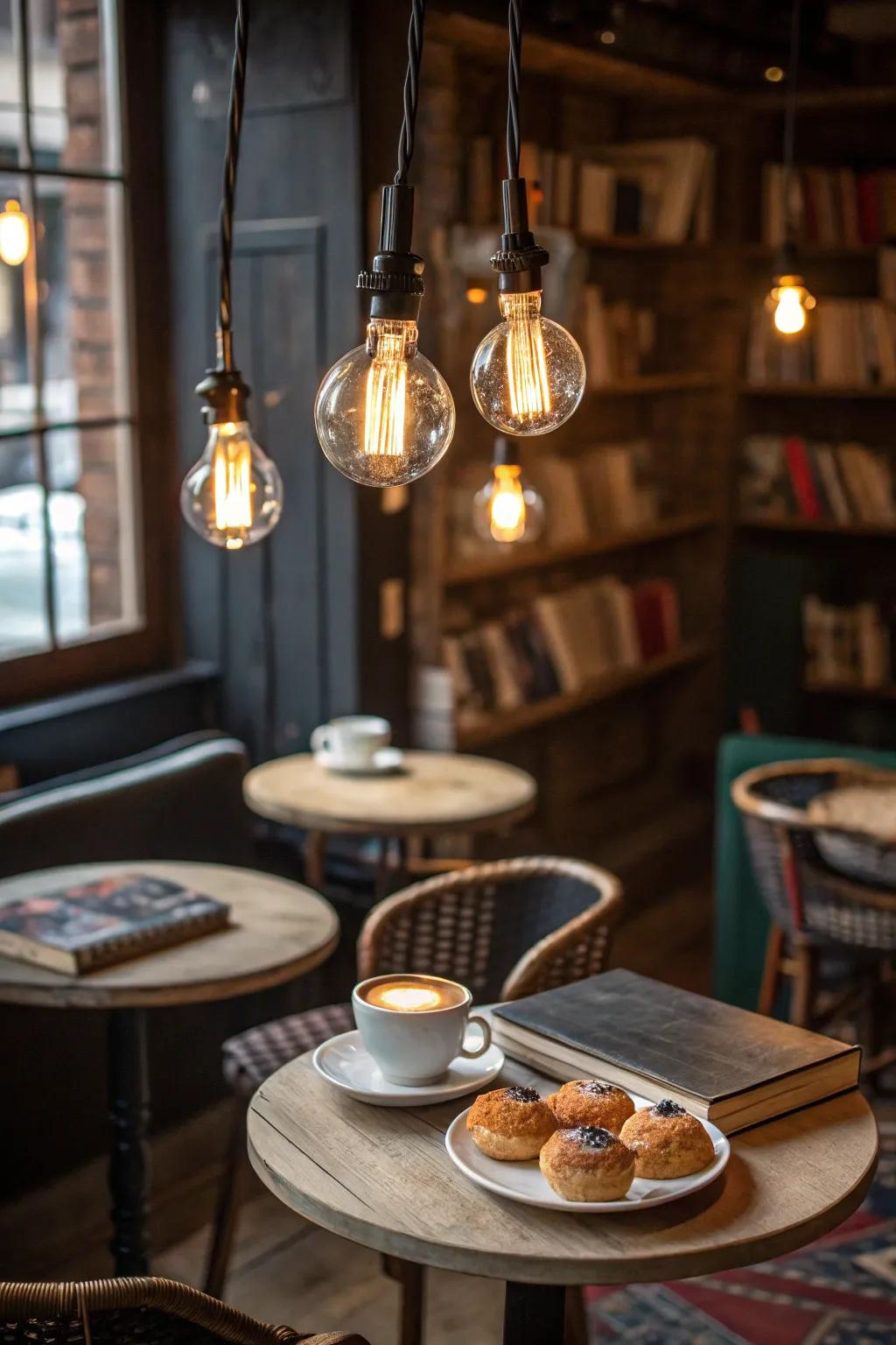 A cozy cafe corner illuminated by the warm glow of exposed Edison bulbs.