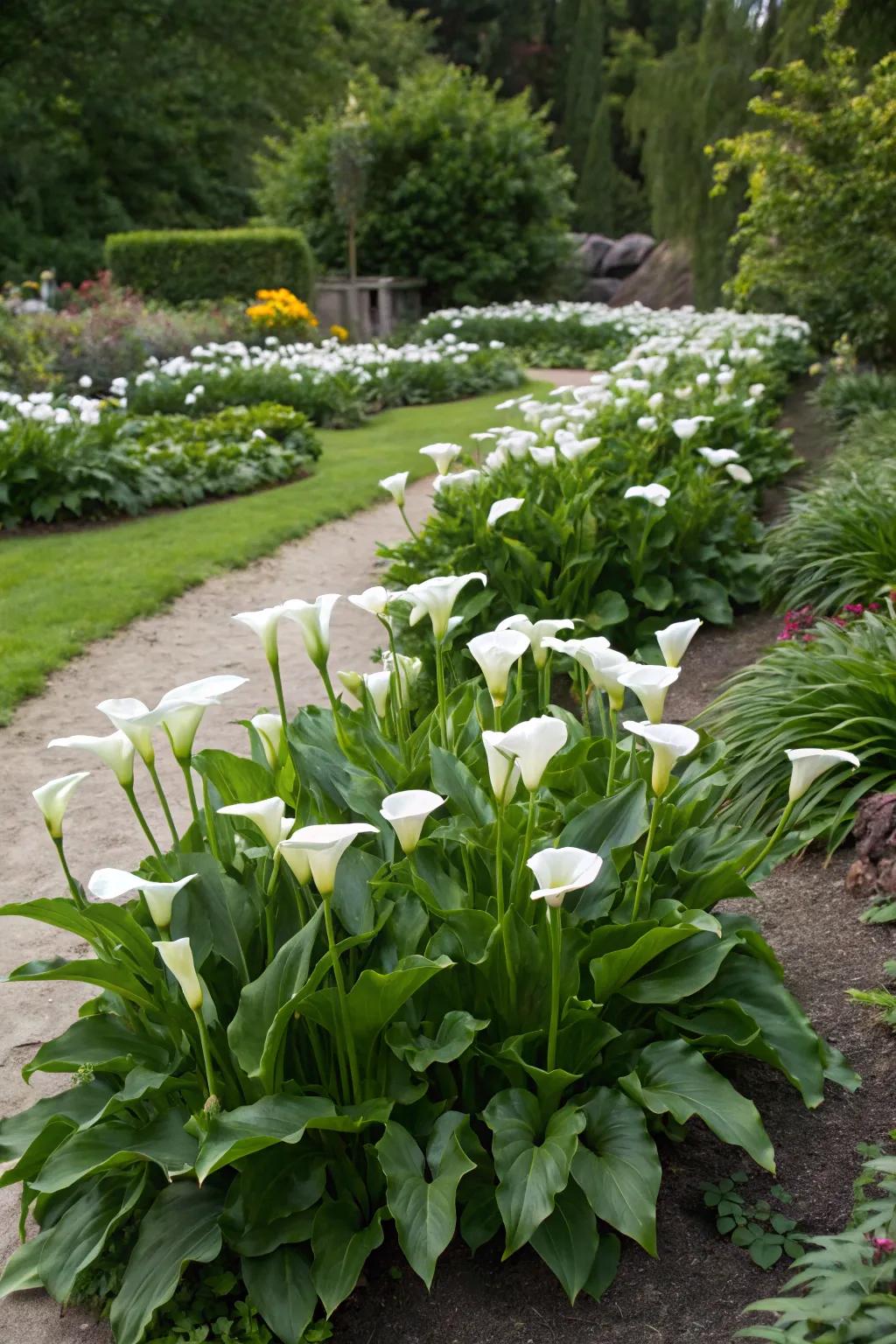 Calla lilies planted in odd-numbered groupings for a striking garden effect.