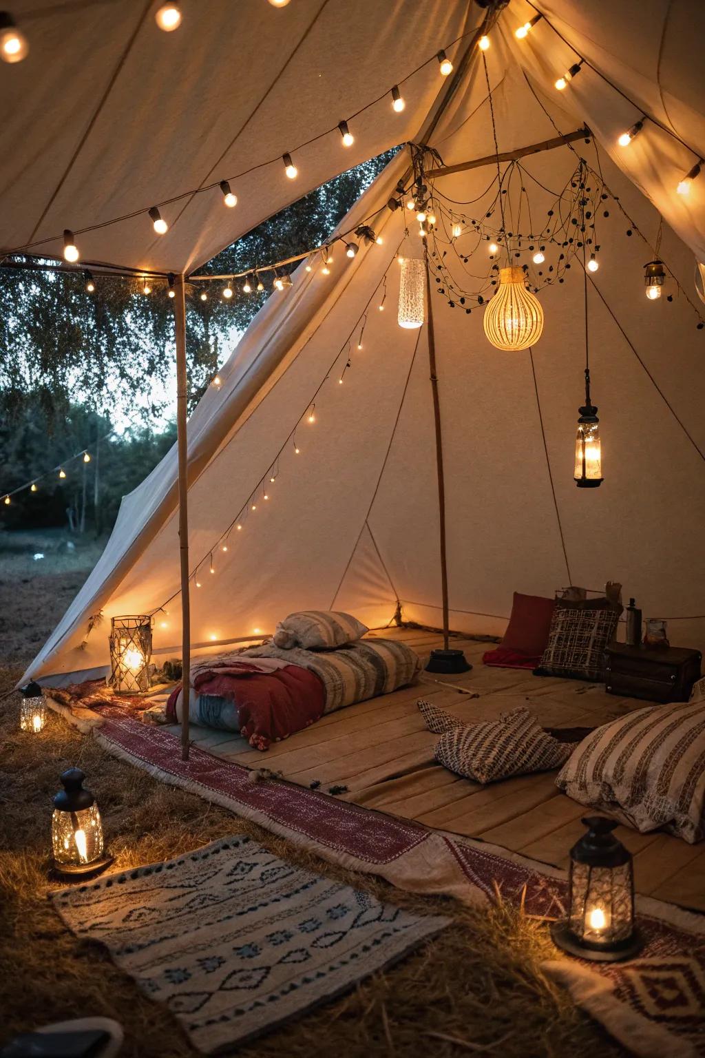 Use ambient lighting to transform your tent into a cozy haven.