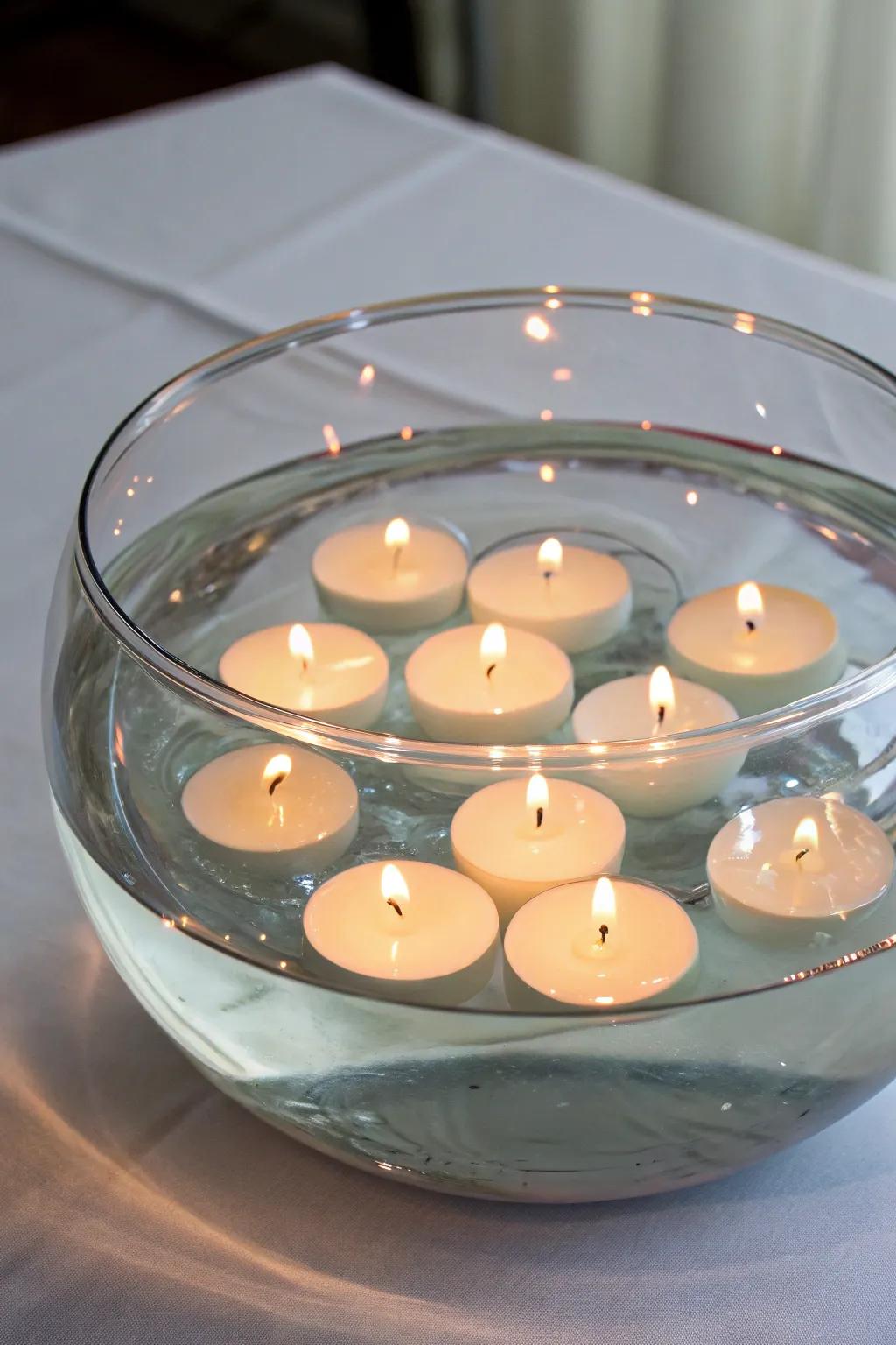 Floating votive candles in a tinted water-filled glass bowl.