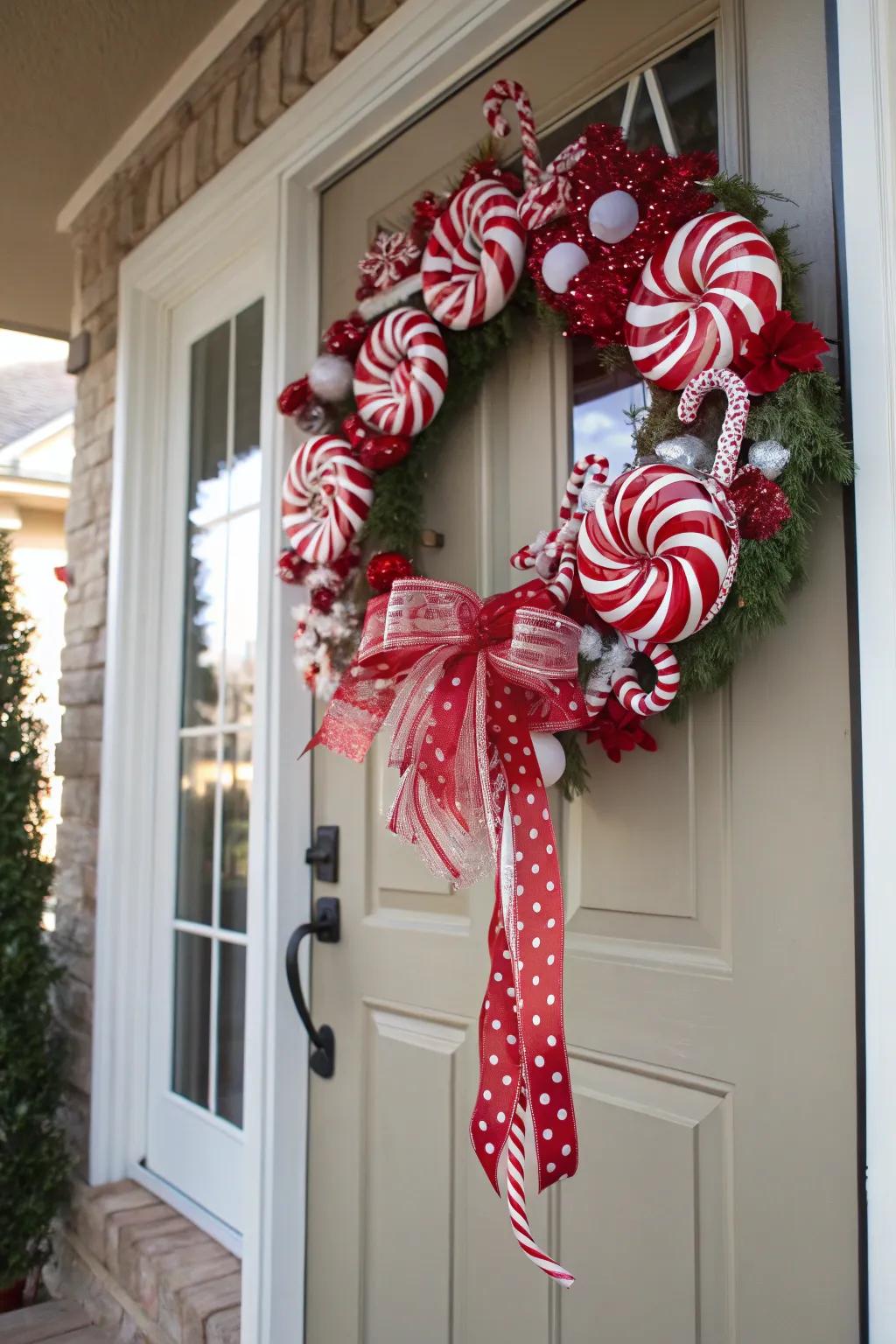Create a welcoming entrance with a candy cane themed wreath.