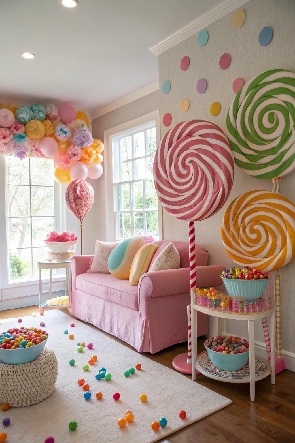 Oversized candy props bring a playful touch to your living space.