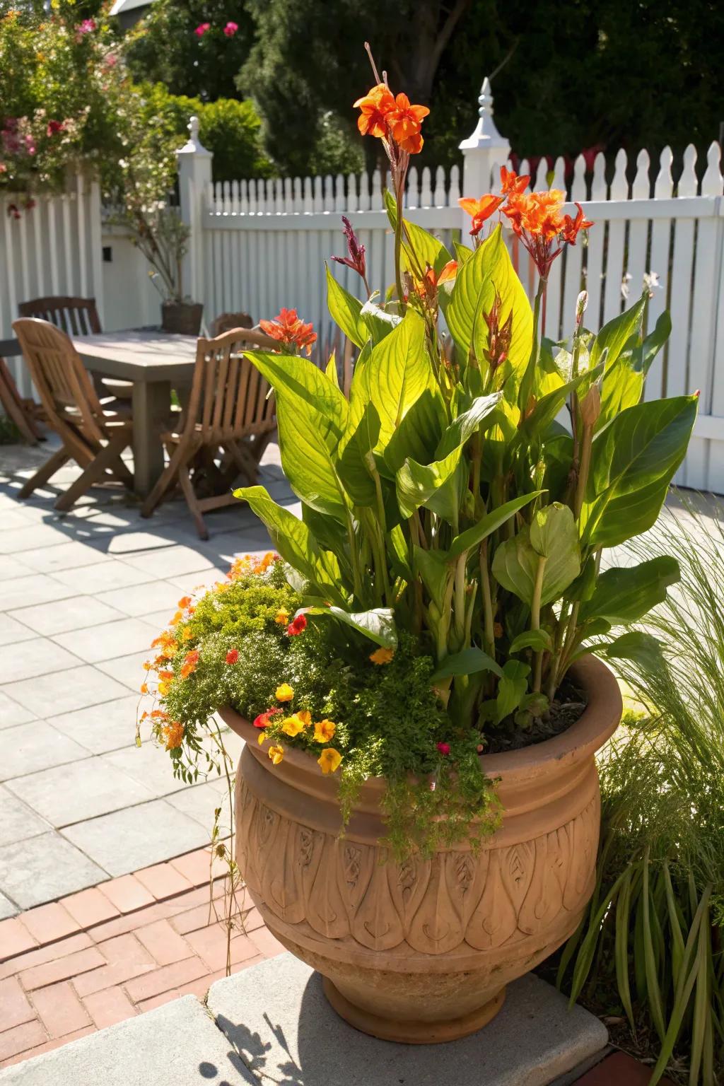 Canna lilies thrive in large containers, perfect for patios.