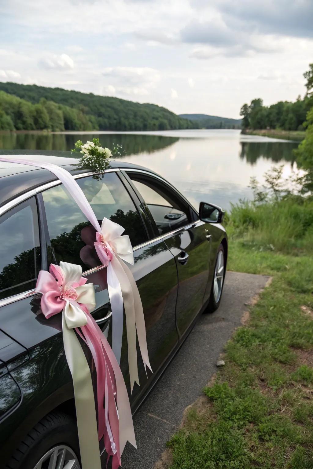 Silk ribbons add a touch of elegance to the wedding car.