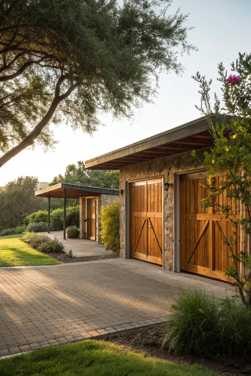 Carport with warm wooden doors, creating a harmonious connection with the surrounding environment.