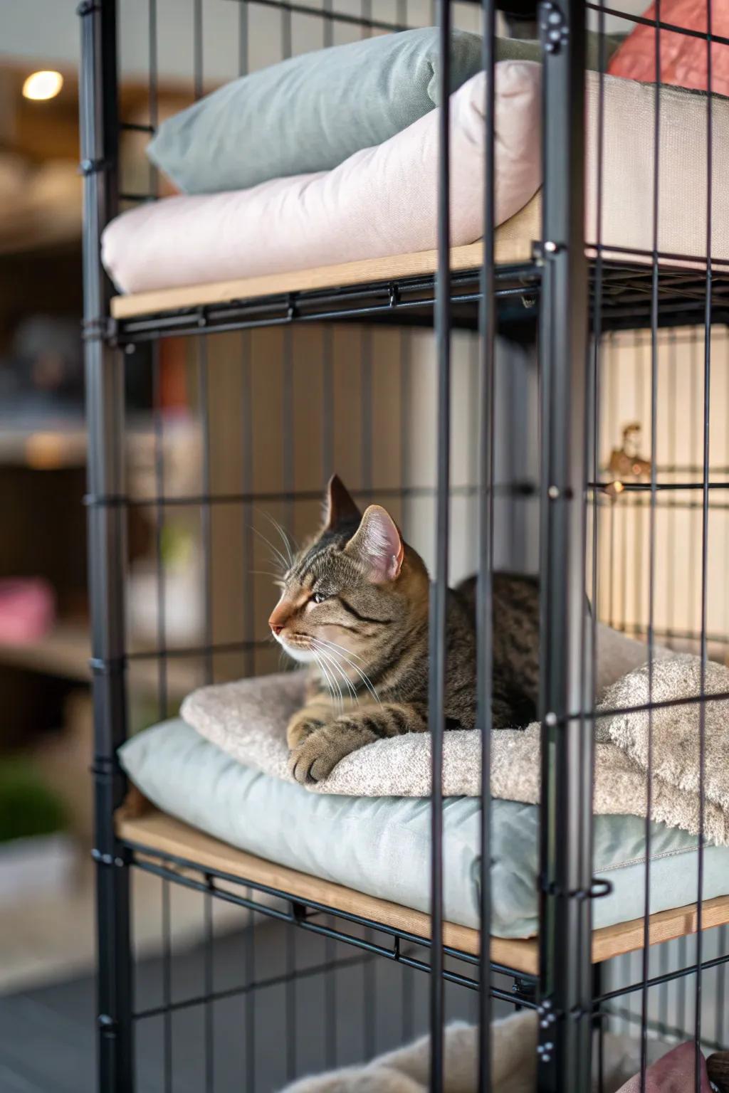 Cushioned shelves provide a plush resting spot for your feline friend.