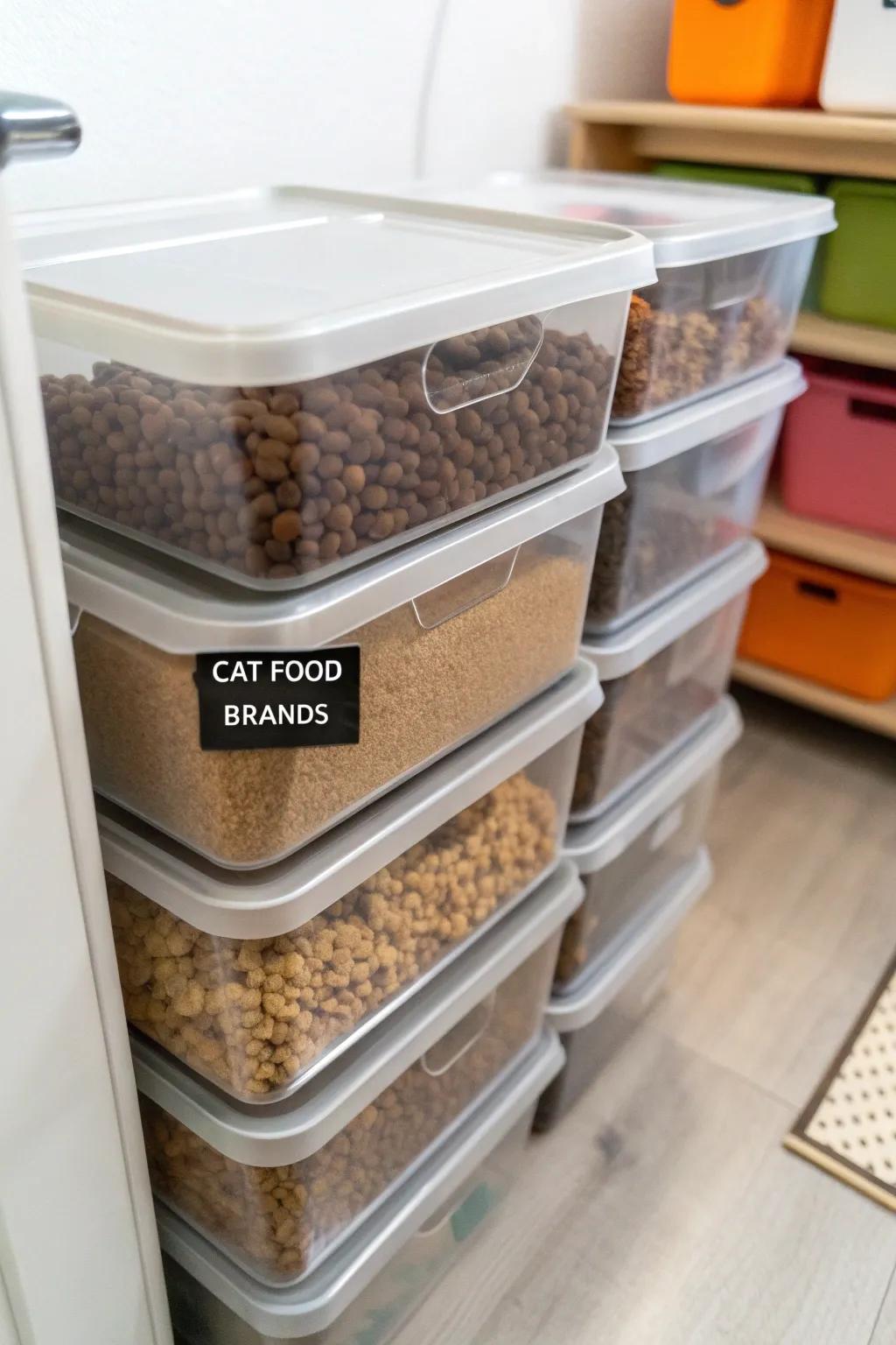 Efficient stackable bins for organizing different cat food types.