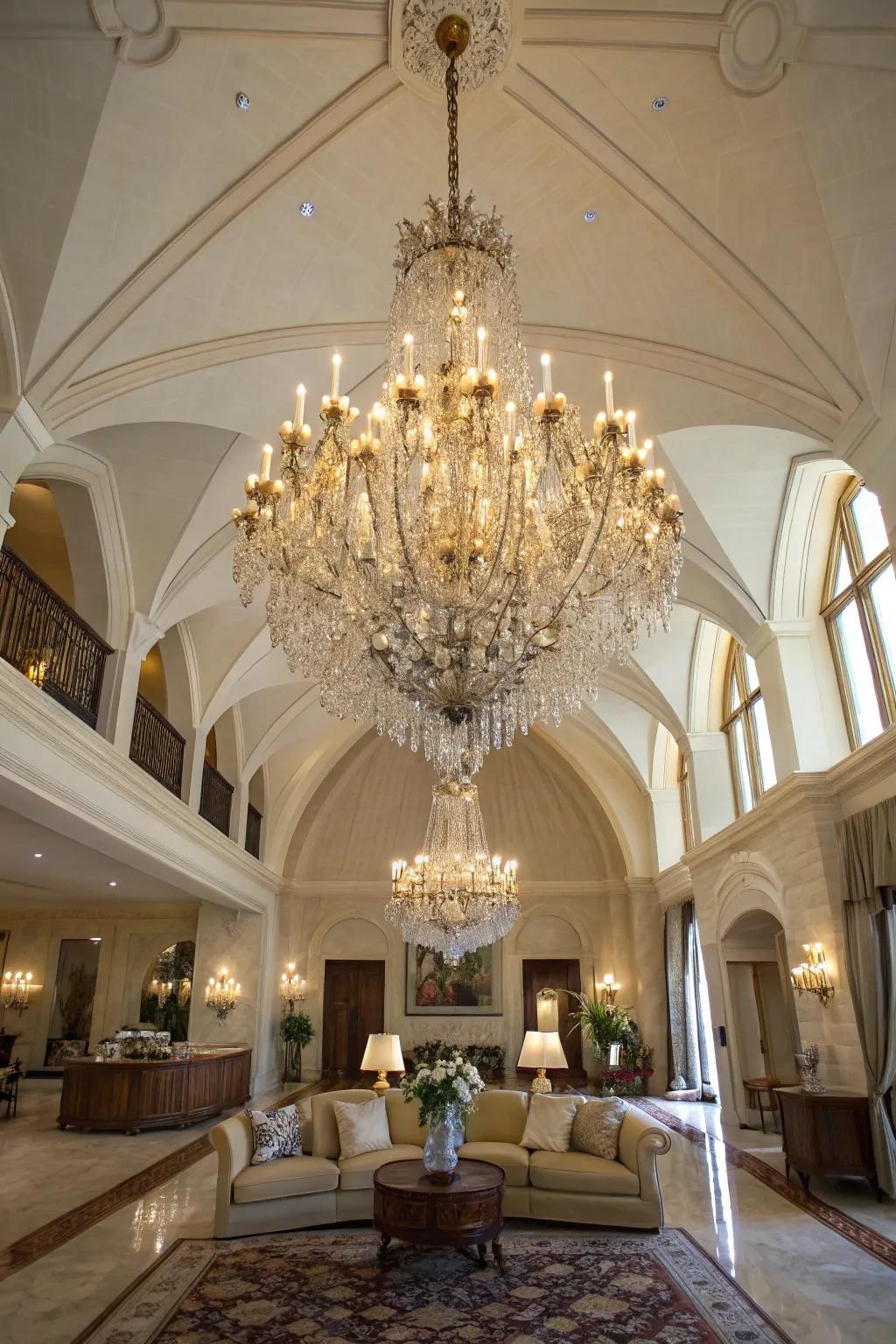 A statement chandelier becomes the centerpiece of this elegant room.