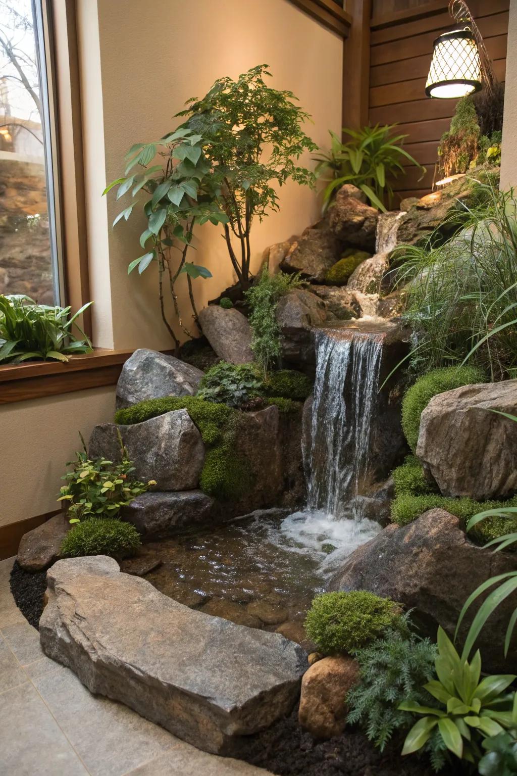 An indoor waterfall enhances tranquility.