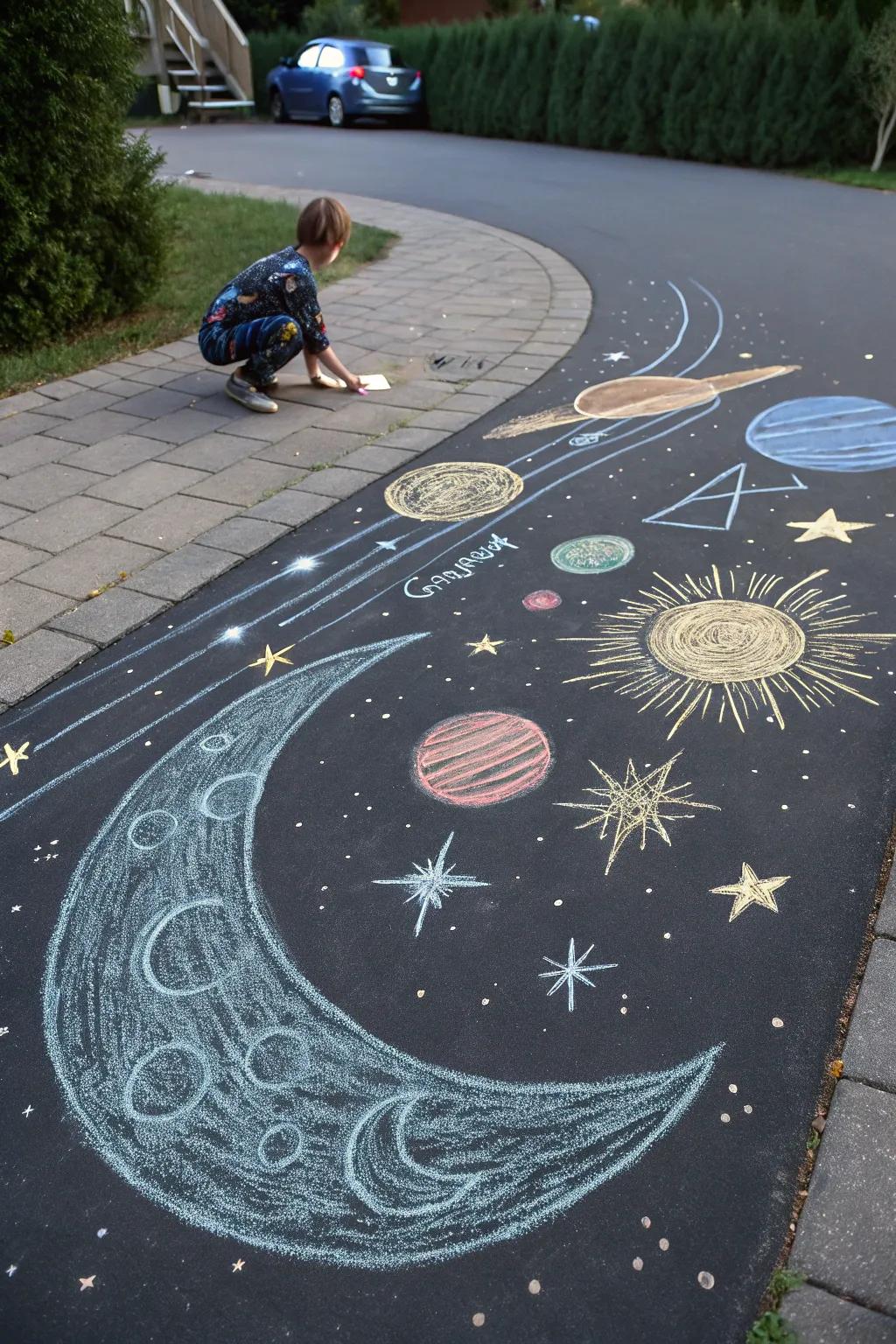 A mesmerizing celestial scene drawn with chalk, featuring stars and planets.