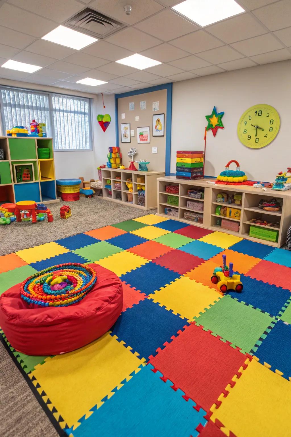 Mix and match carpet tiles for a fun, comfortable space.