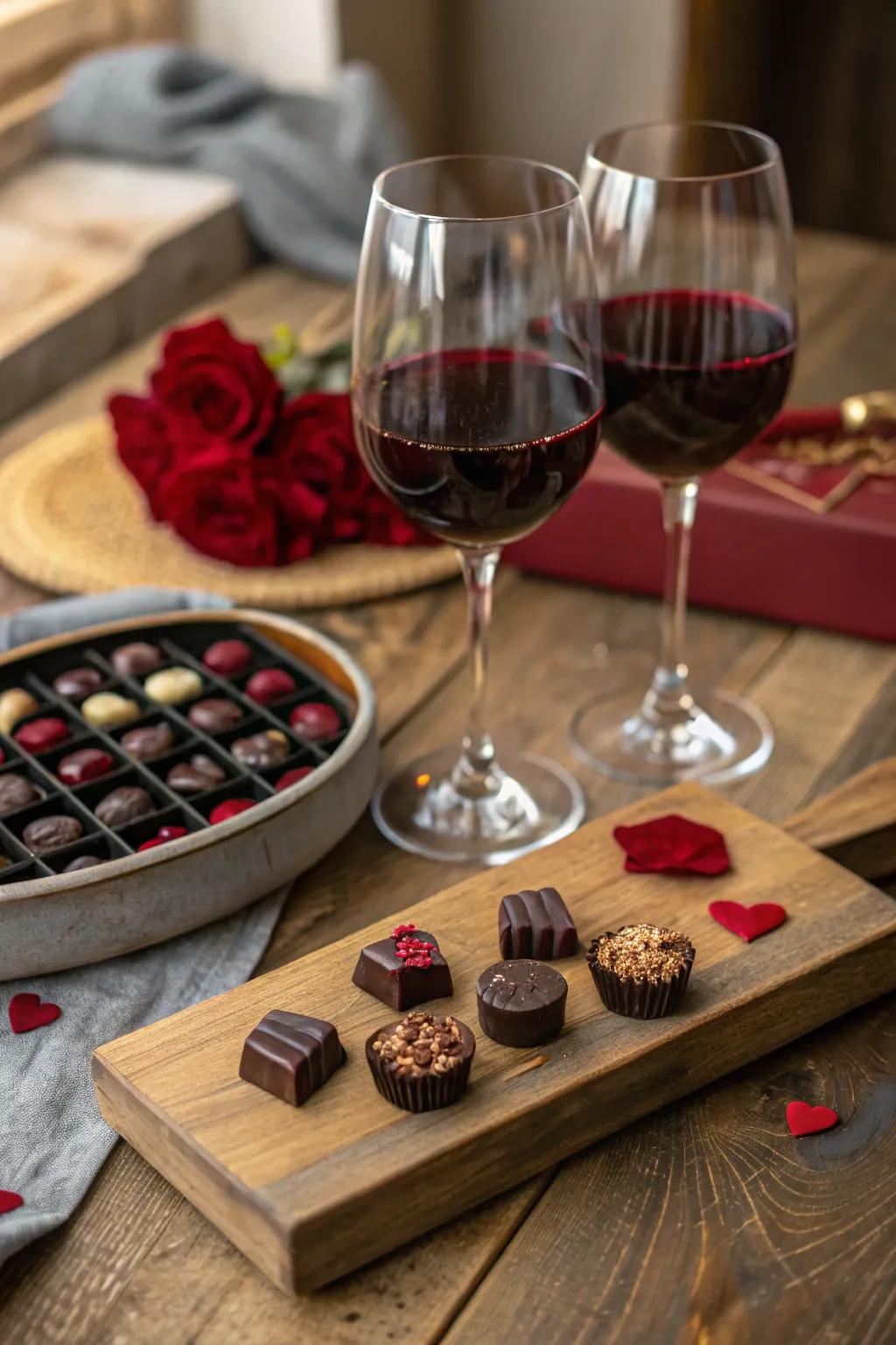 A cozy setup for a chocolate and wine pairing experience.