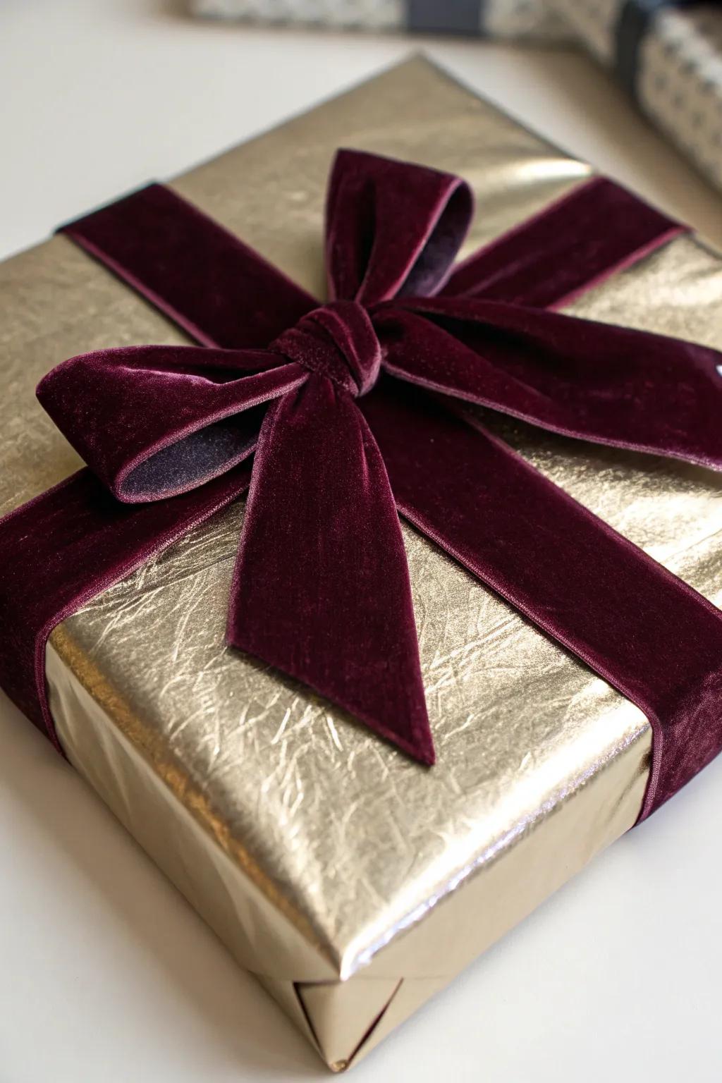 Luxurious velvet ribbon adds a touch of elegance to metallic wrapping.