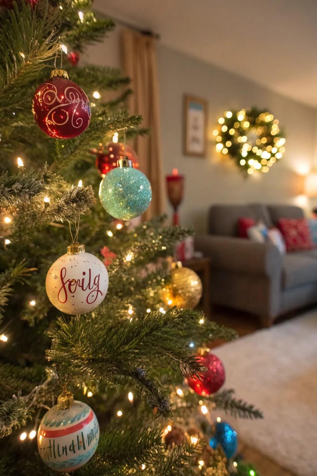 Christmas baubles with handwritten names hanging on a tree.
