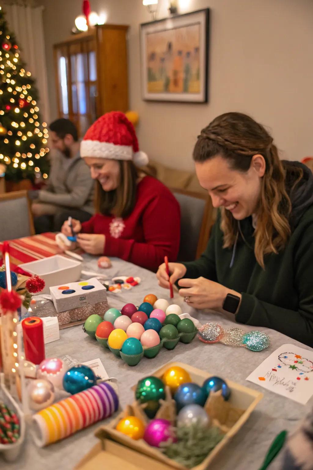 A vibrant DIY ornament station ready for holiday crafting.