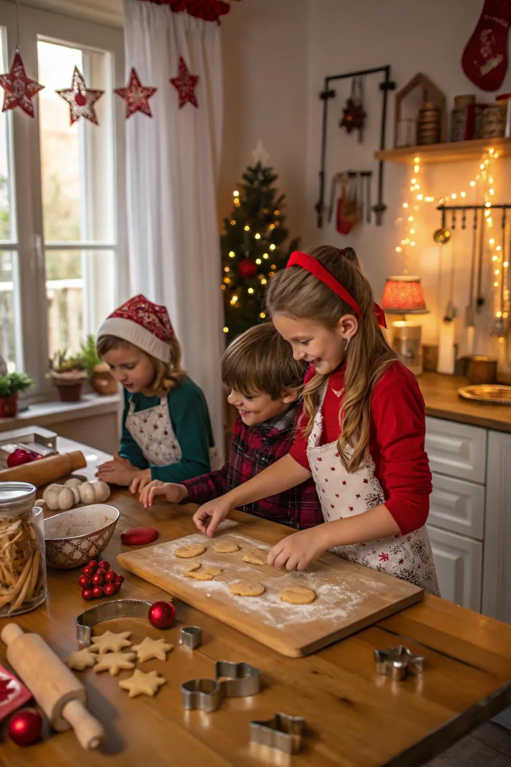 Children having fun while baking Christmas cookies.