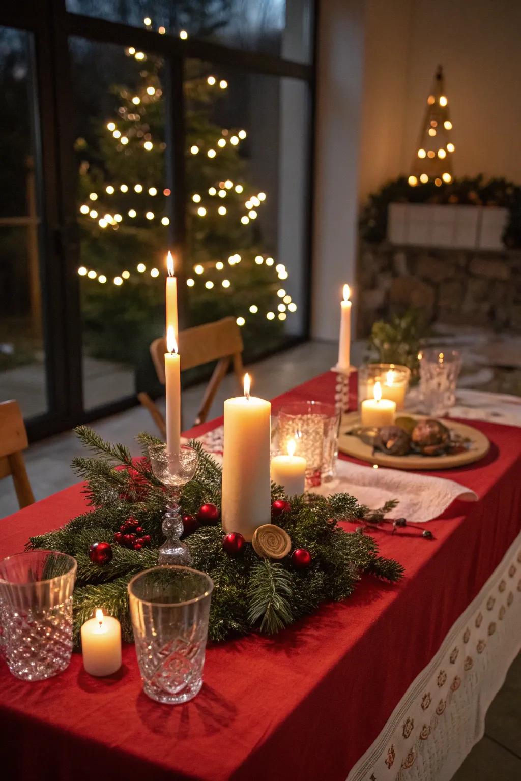 Candles of various heights bring warmth to the festive table.