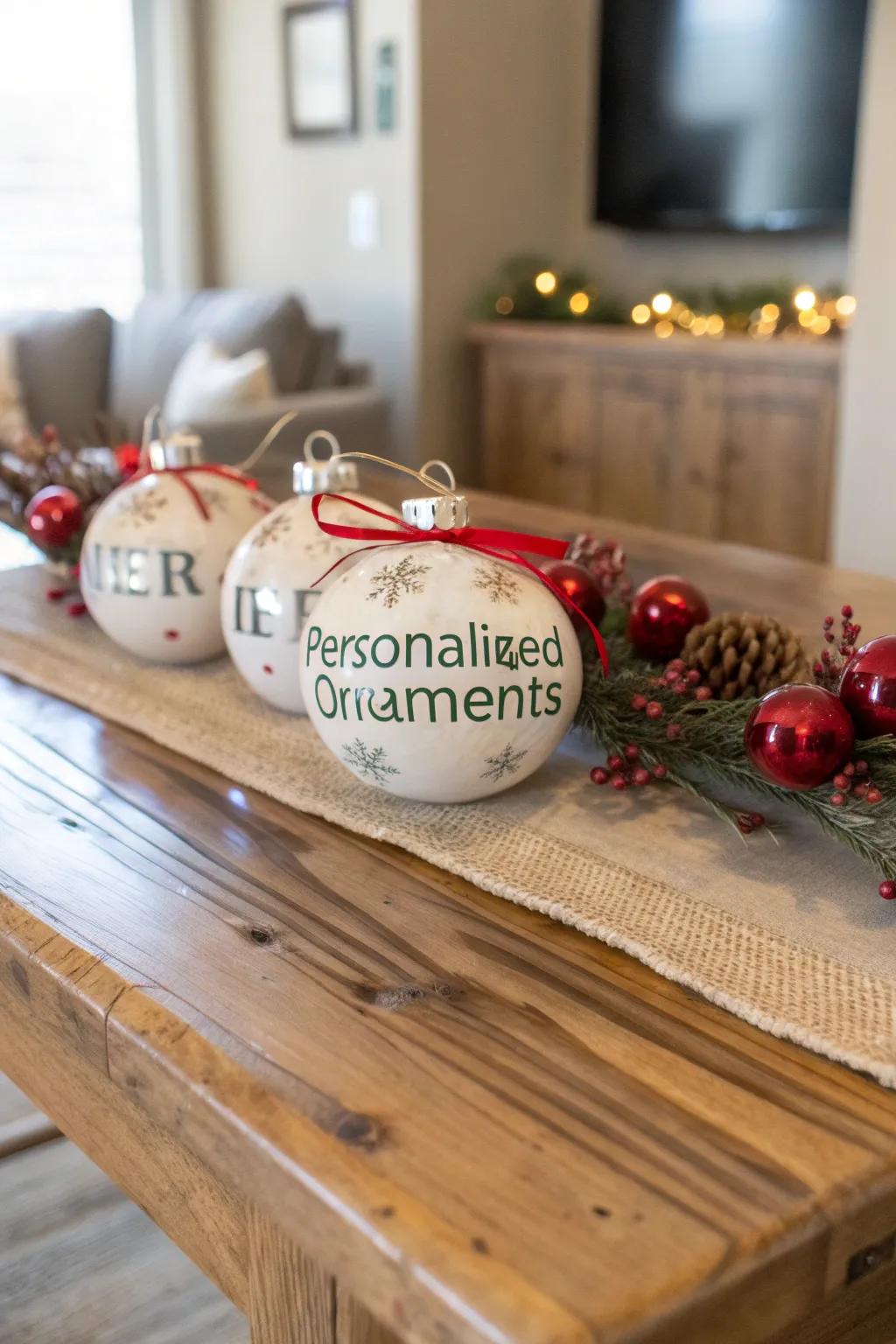 Personalized ornaments make for memorable table favors.