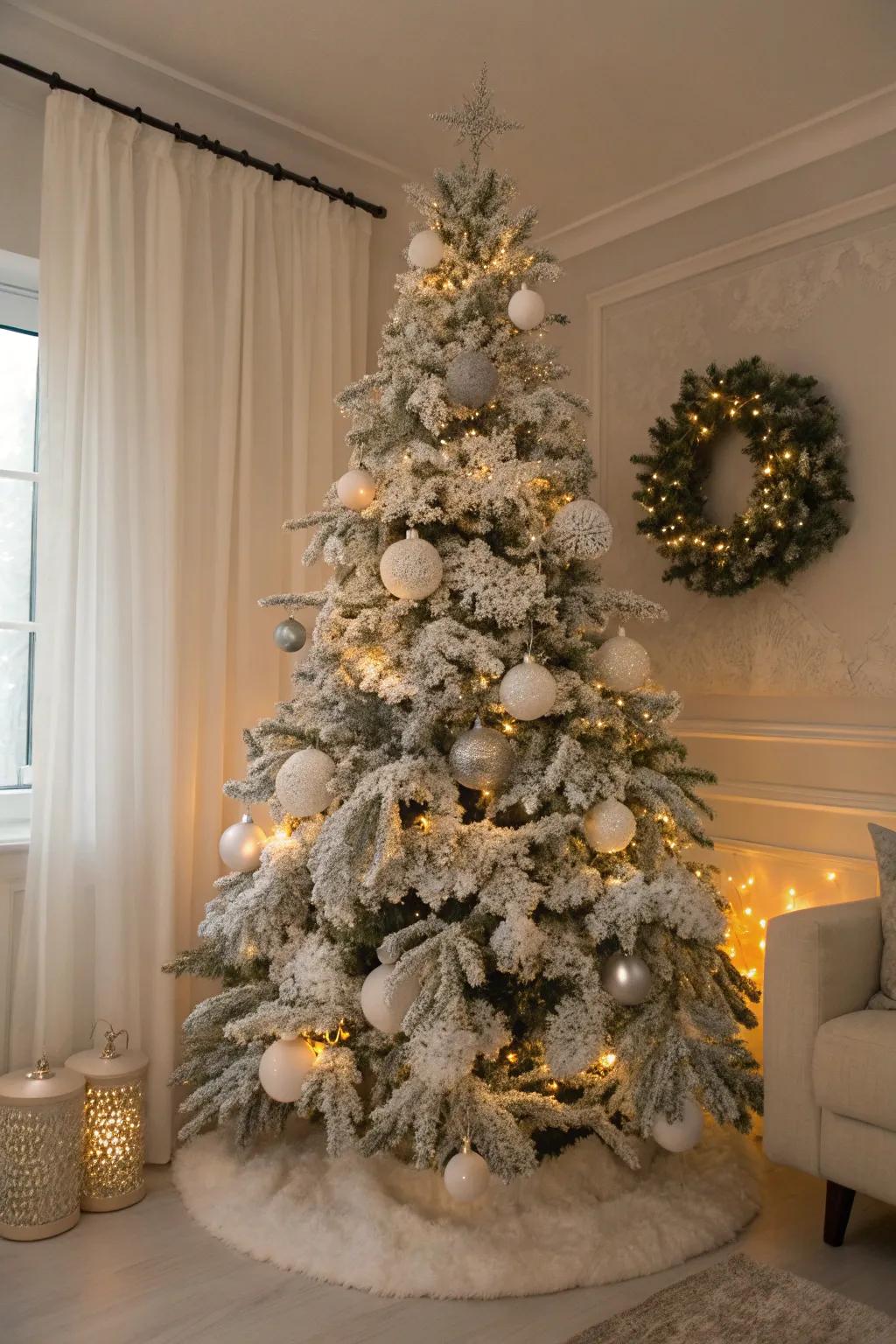 A snowy flocked Christmas tree for a wintry touch.