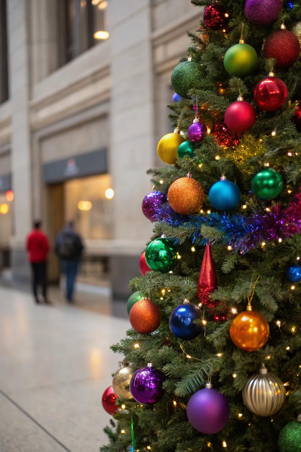 A vibrant rainbow-themed Christmas tree.