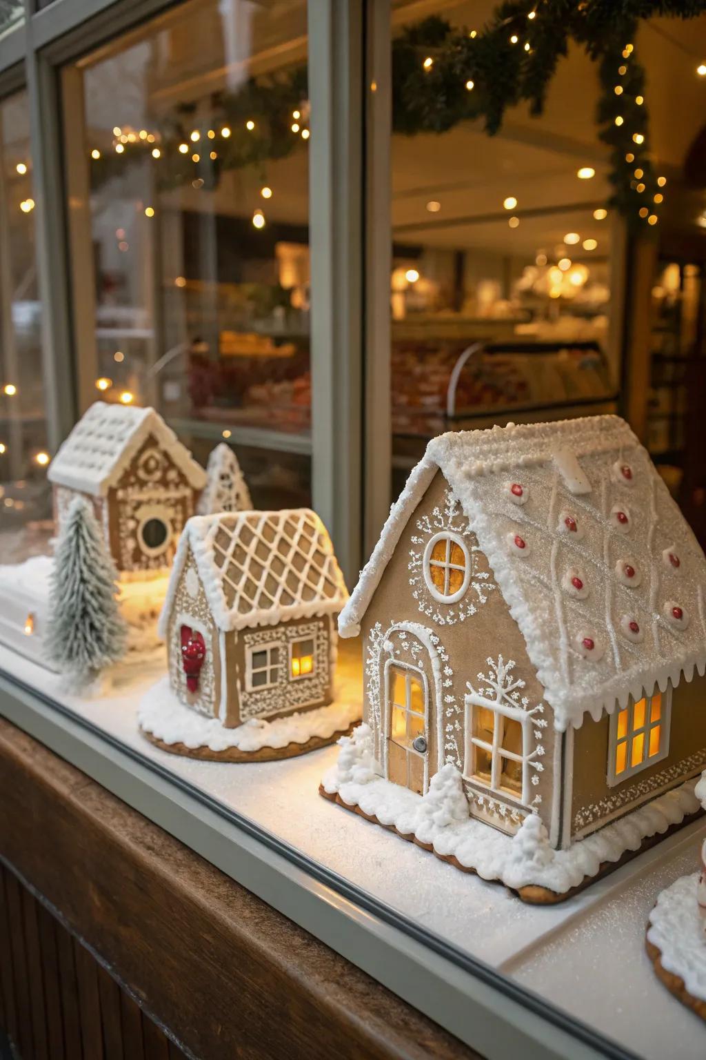 Charming gingerbread houses create a sweet and inviting window display.