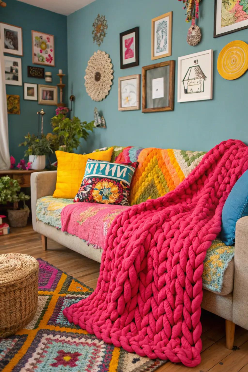 Make a statement with bold-colored blankets.