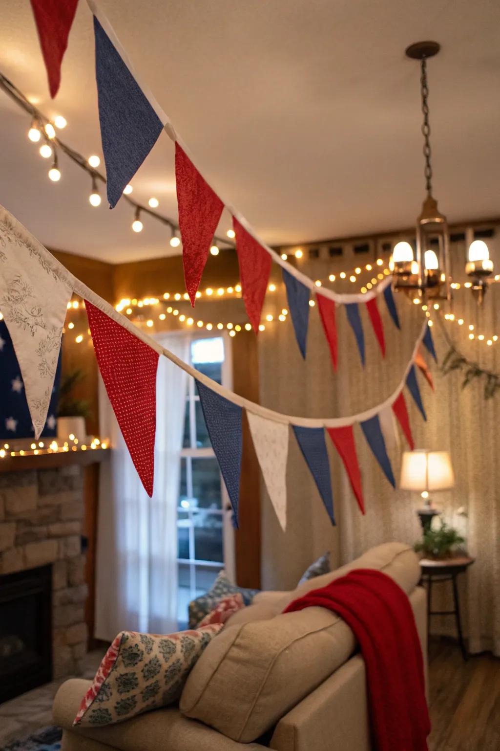 Handcrafted flag banners bring a personal touch to the decor.