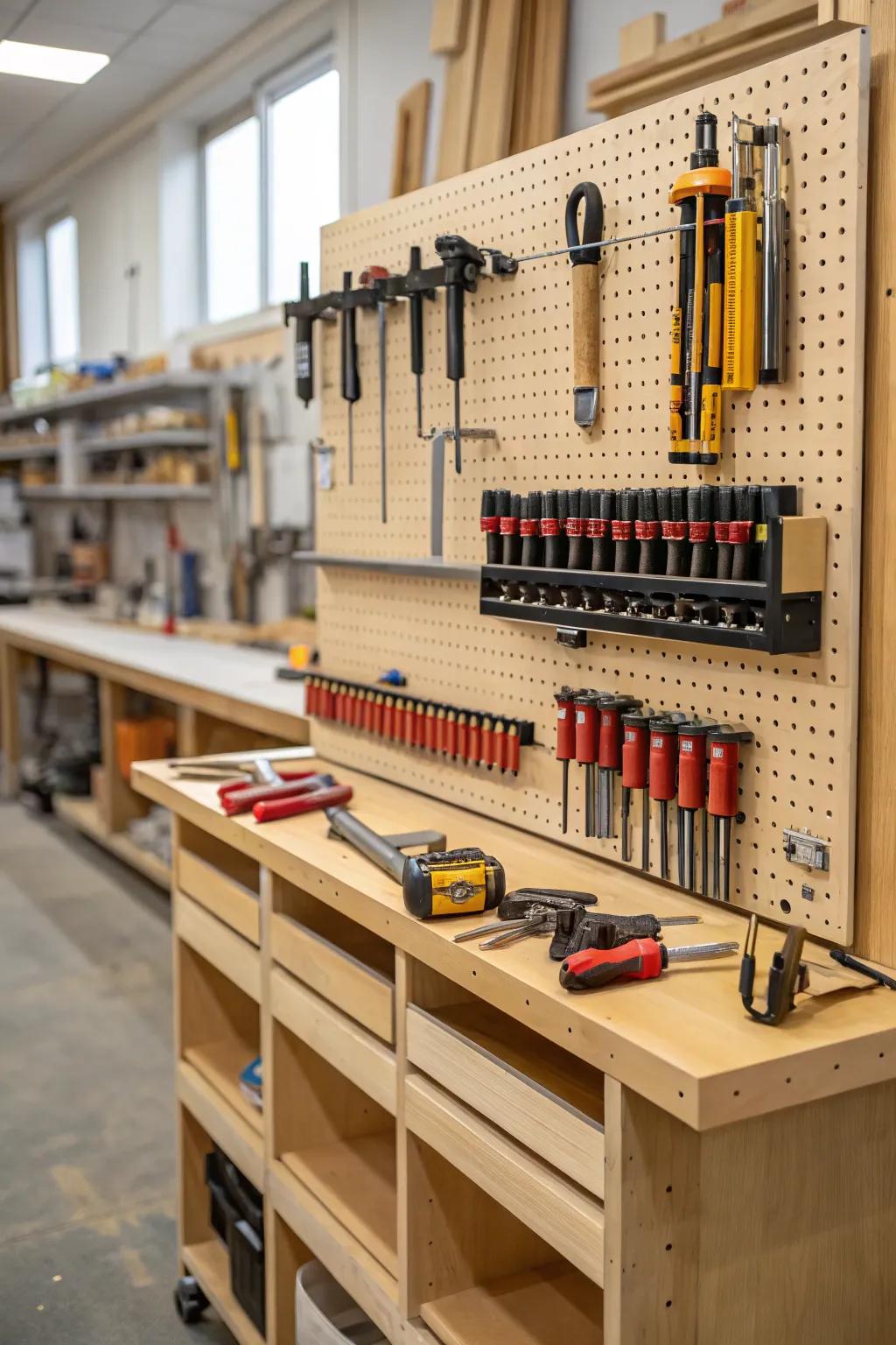 Pegboards offer a versatile and customizable clamp storage solution.