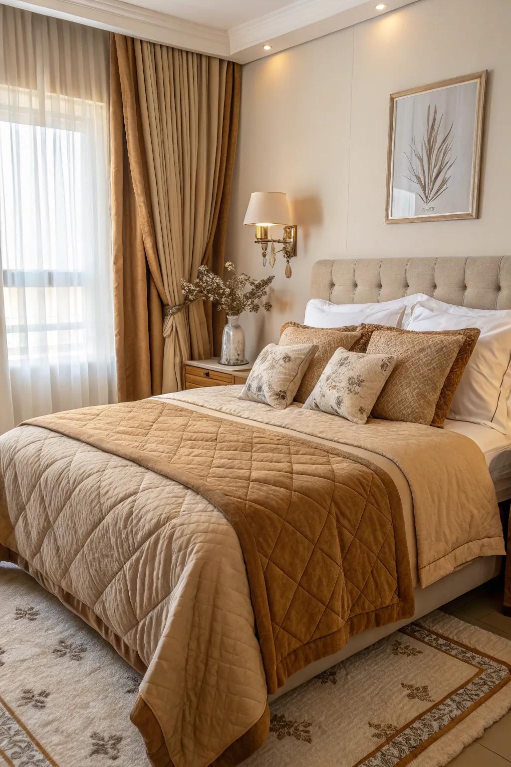 A cozy bed featuring soft caramel bedding.