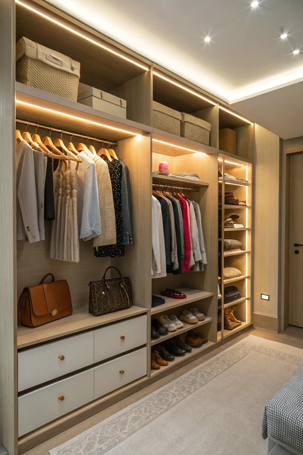 Integrated lighting elevates your closet's functionality and style.