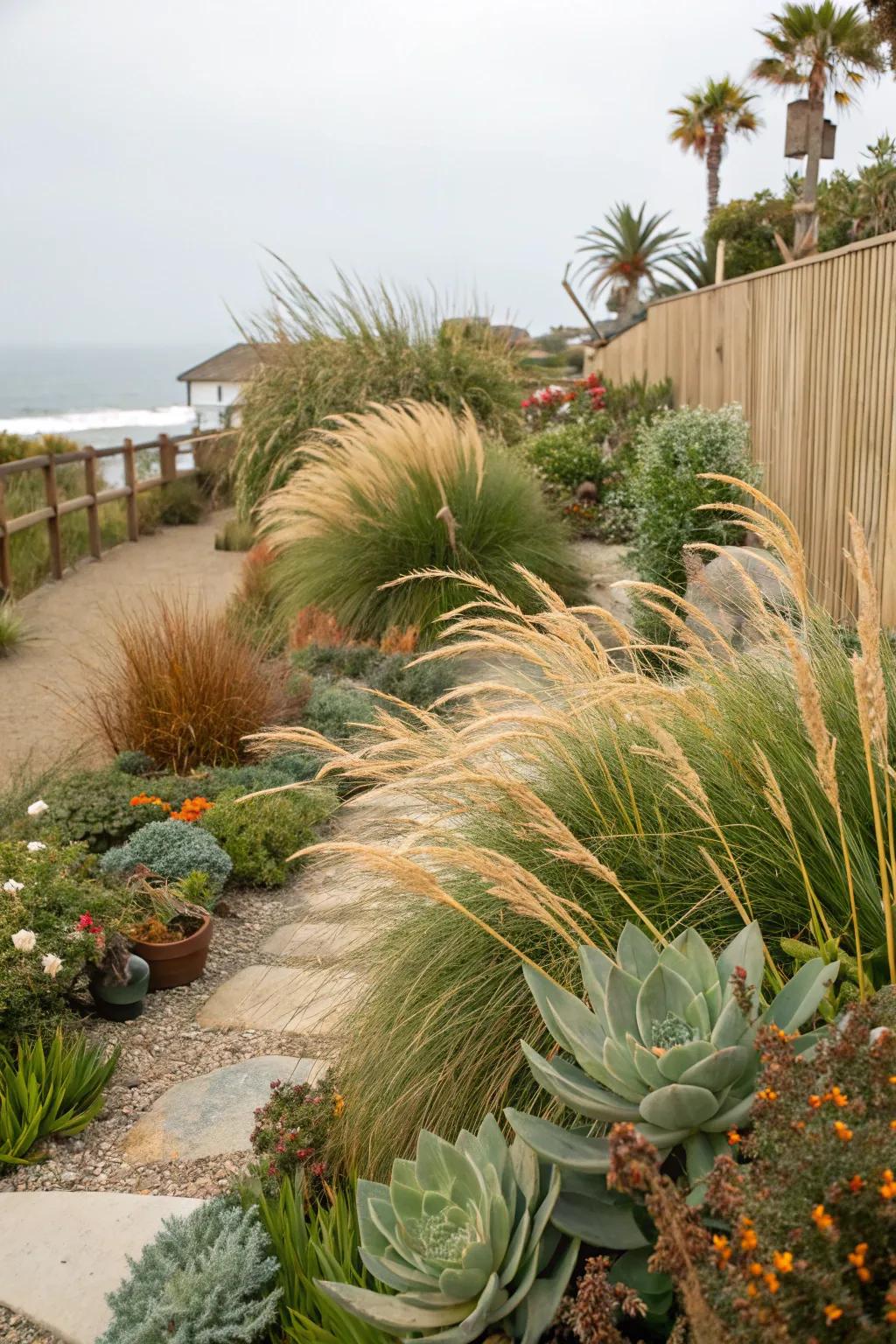 Ornamental grasses and succulents bring the seaside to your garden.