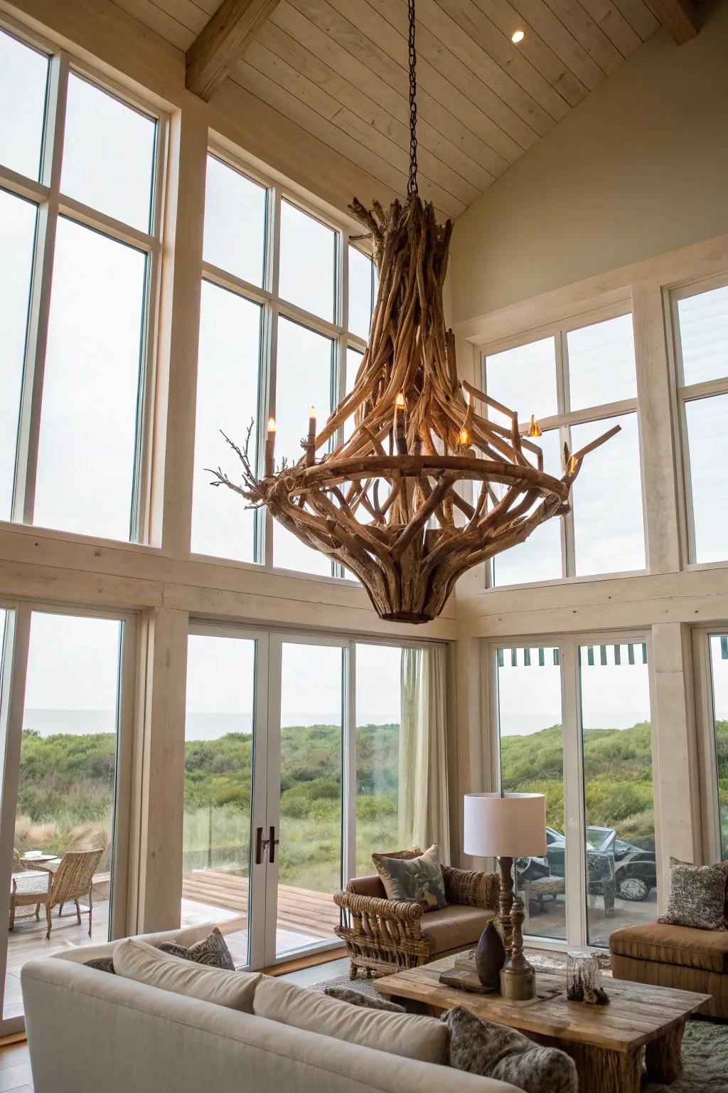 Driftwood chandeliers add a natural, rustic charm to any room.