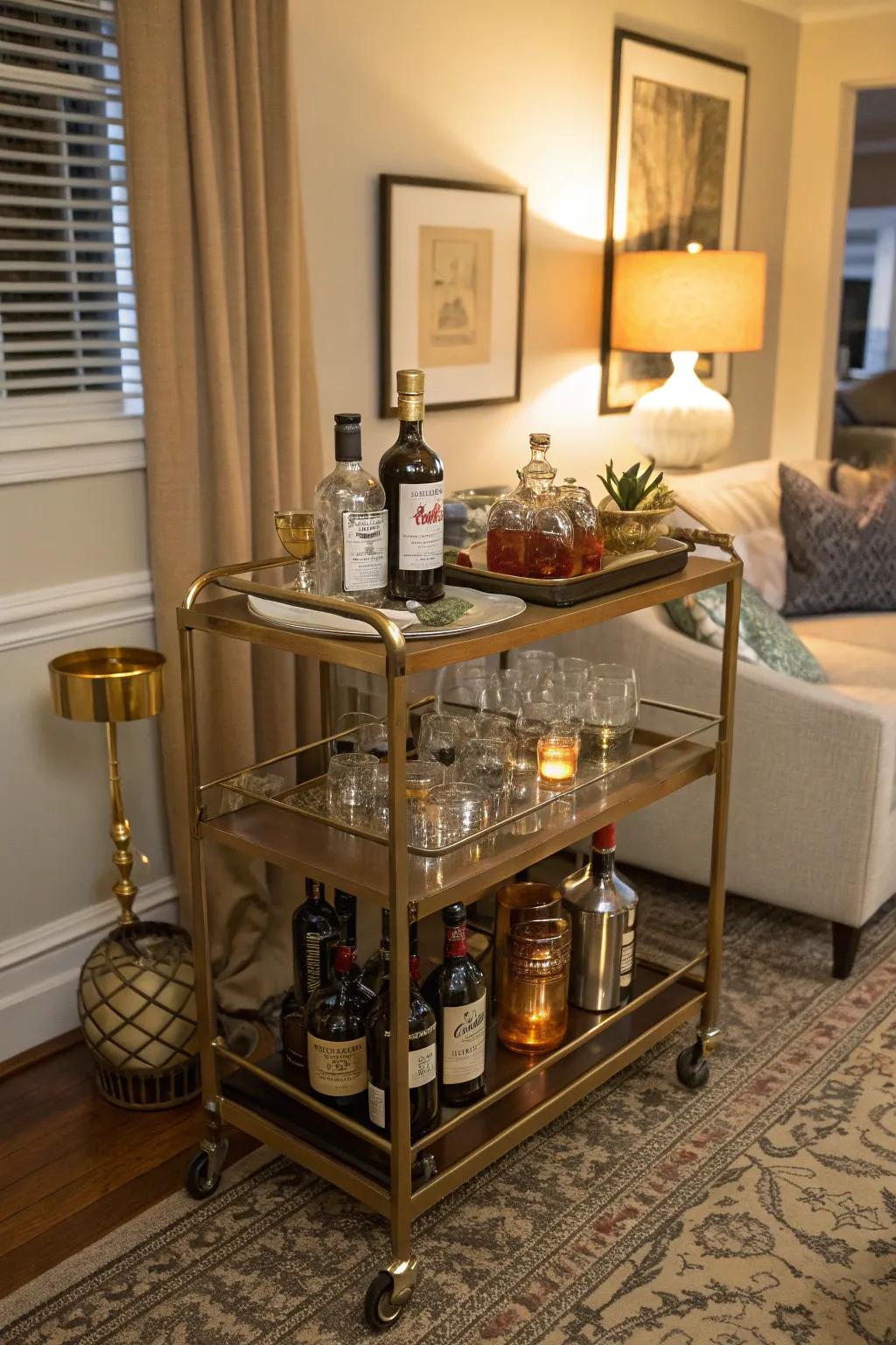 Stylish and mobile, a bar cart makes cocktail hour flexible.