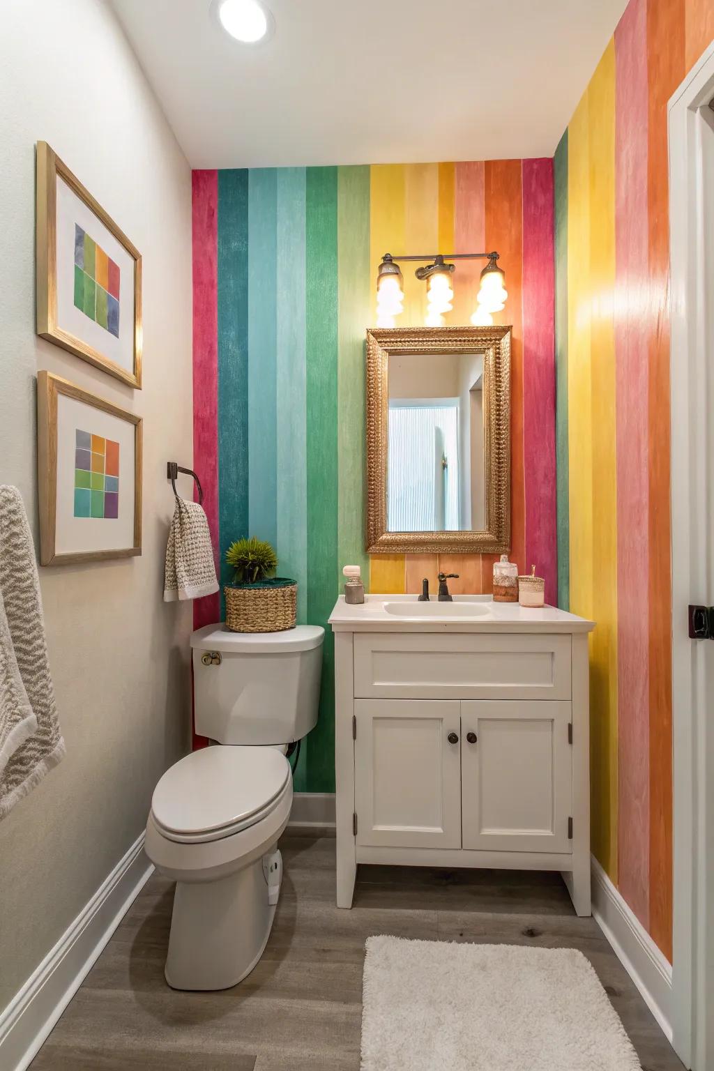 A powder room showcasing a bright accent wall with diverse colors.