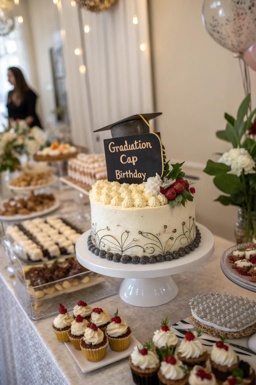 A beautifully crafted cake celebrating both graduation and birthday.