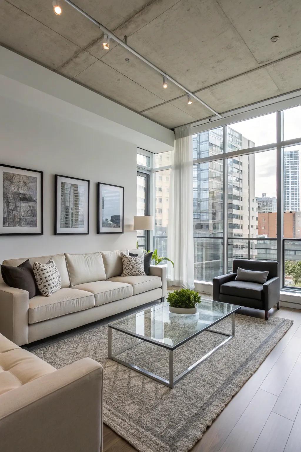 A modern condo living room featuring sleek furniture and minimal decor.