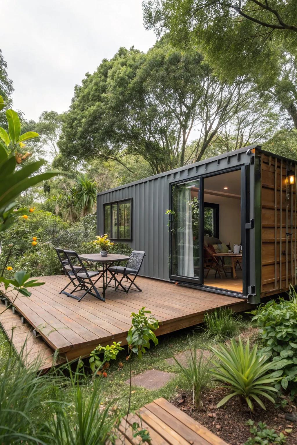 A cozy deck extends the living space of this container home.