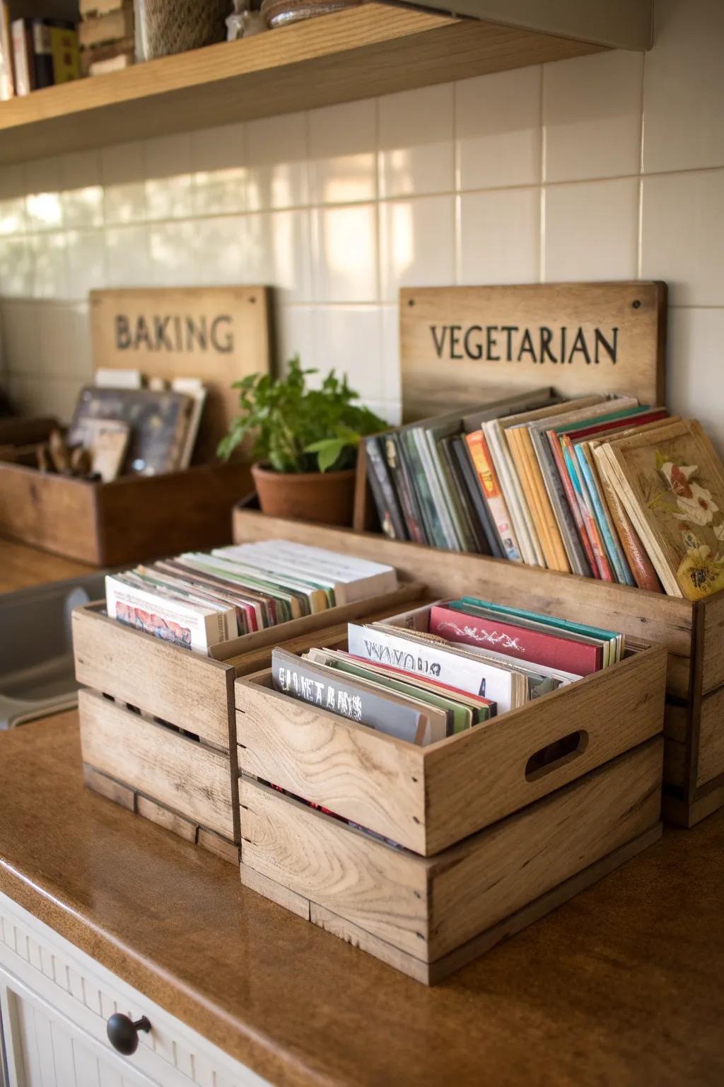 Wooden crates offer a stylish and rustic way to store cookbooks.