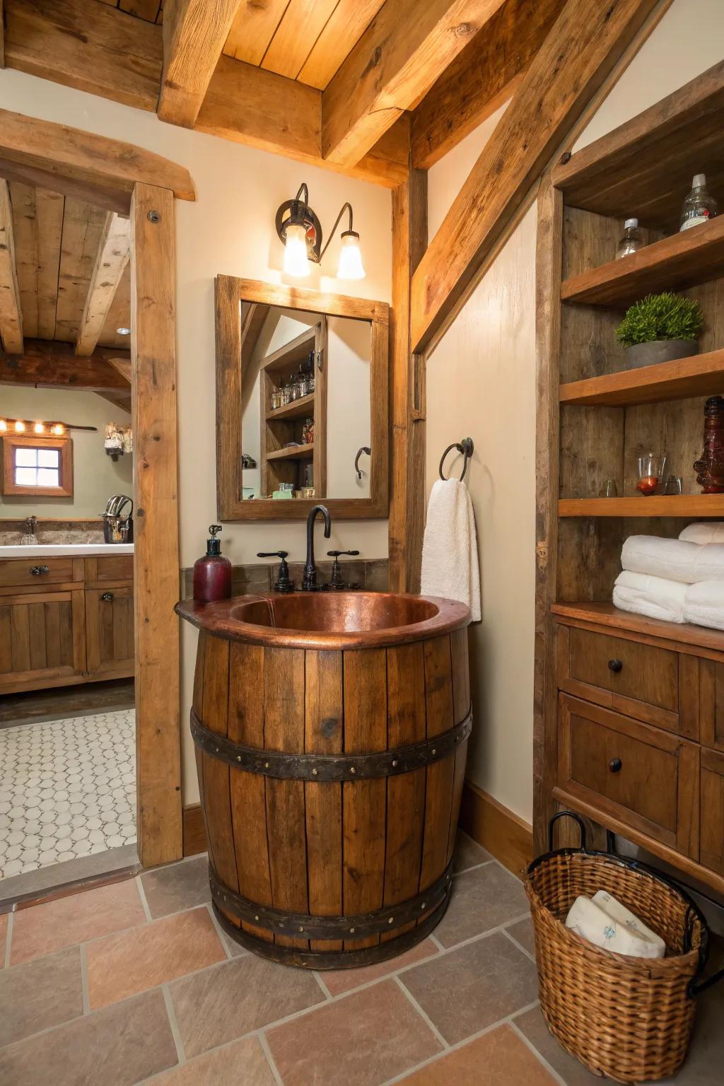 This bathroom seamlessly blends rustic charm with modern elegance through a copper barrel sink.