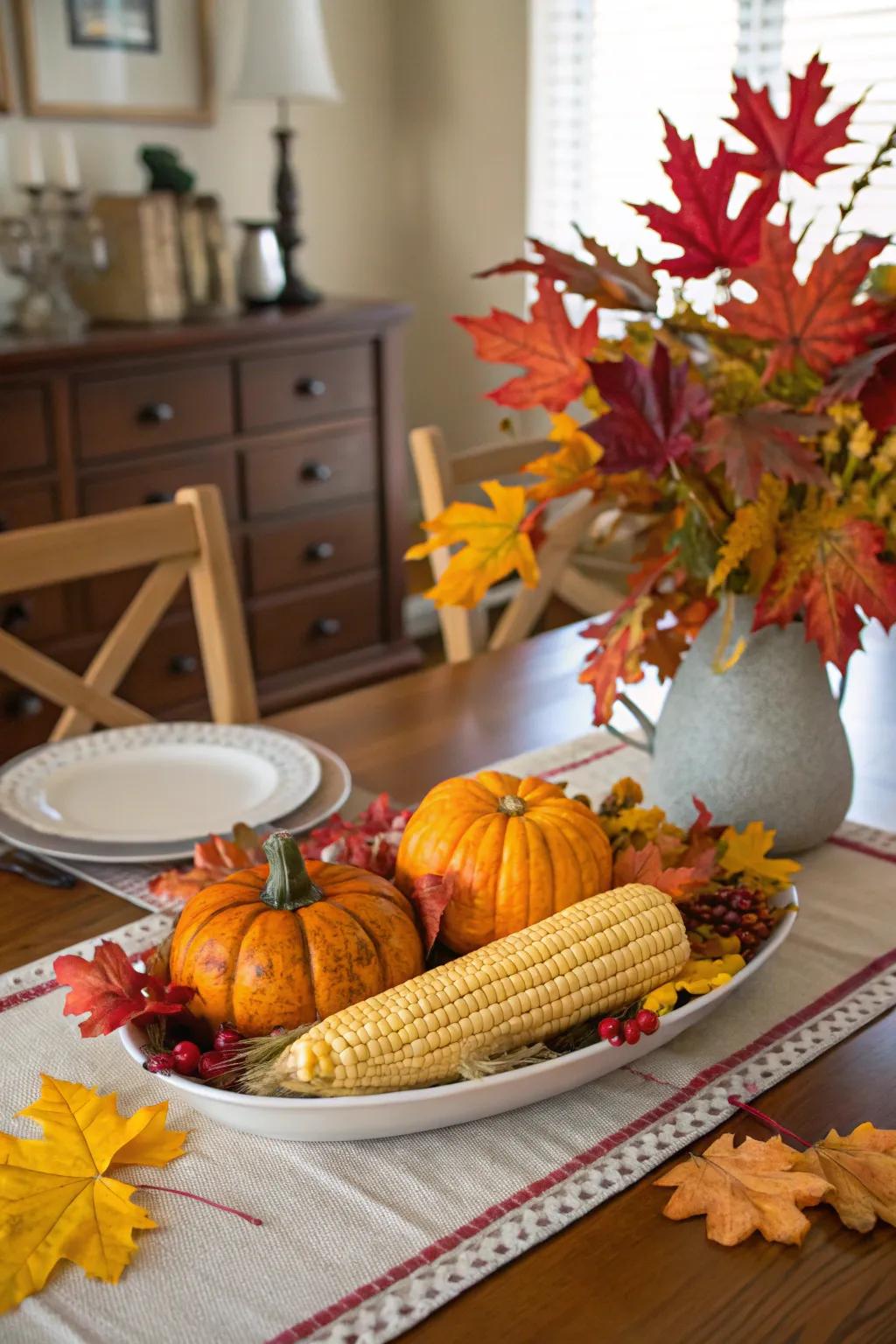 A vibrant fall centerpiece with corn and pumpkins.