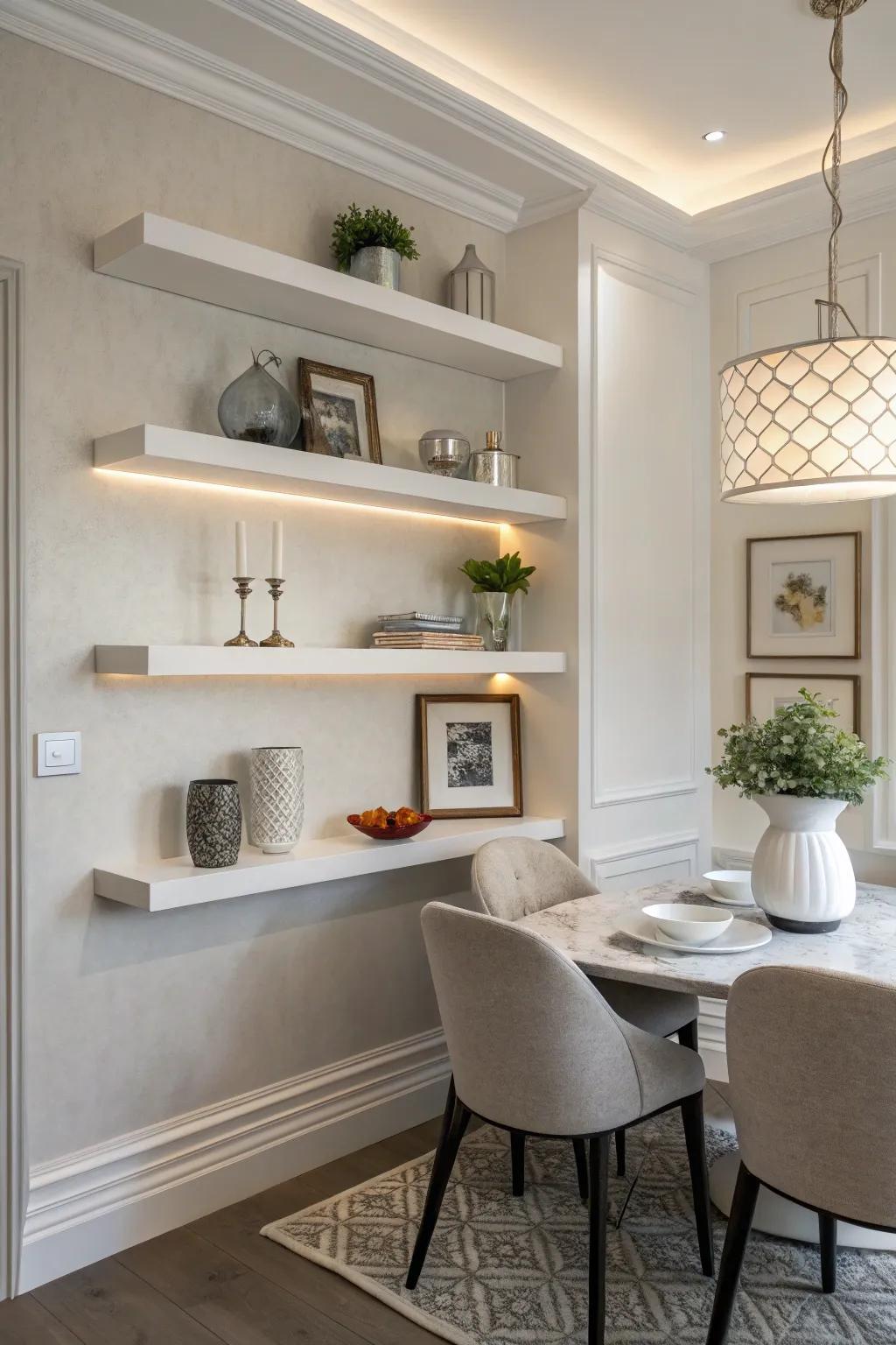 Floating shelves offer a sleek and modern touch to your dining area.