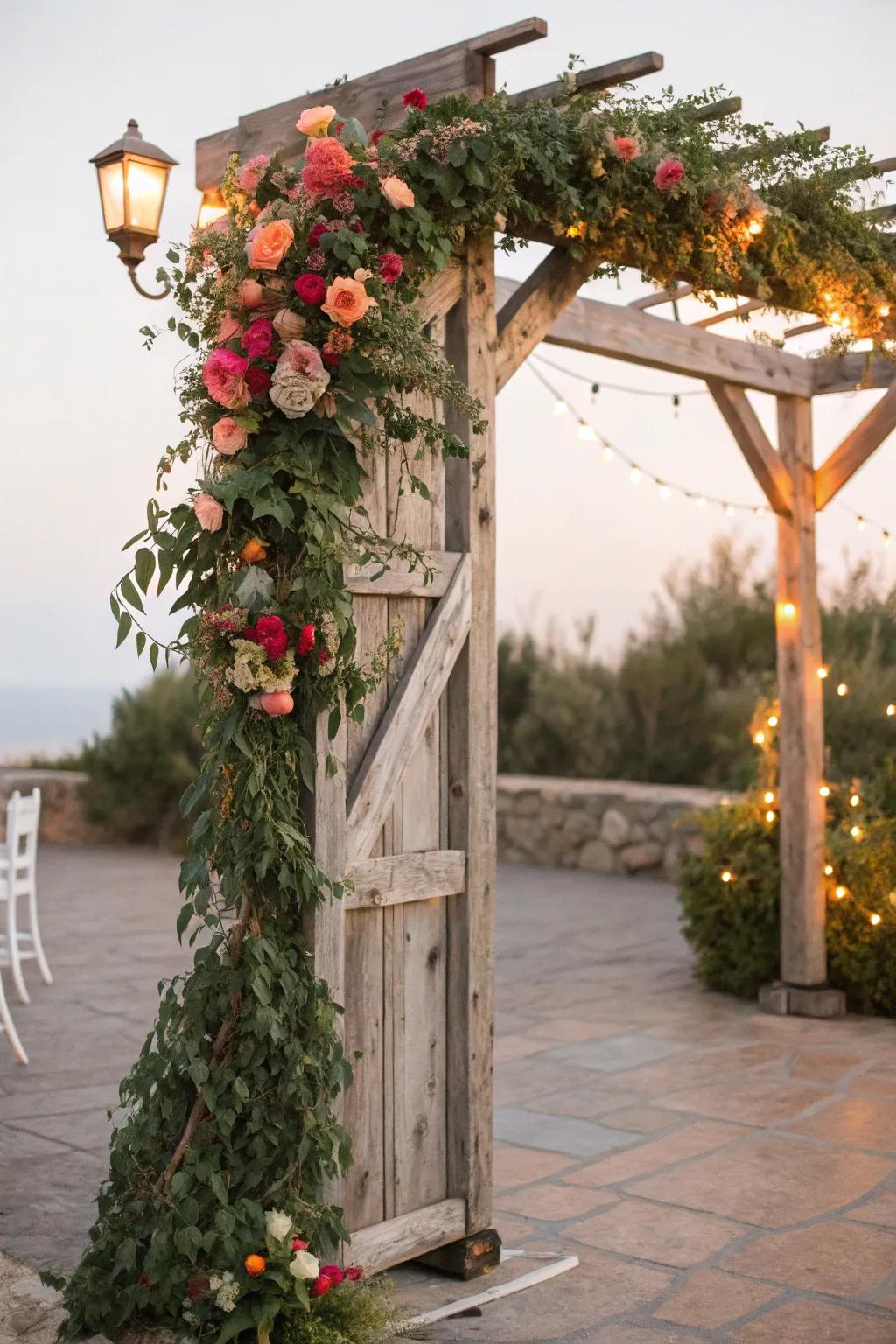 A rustic wooden arch beautifully adorned with greenery and flowers.