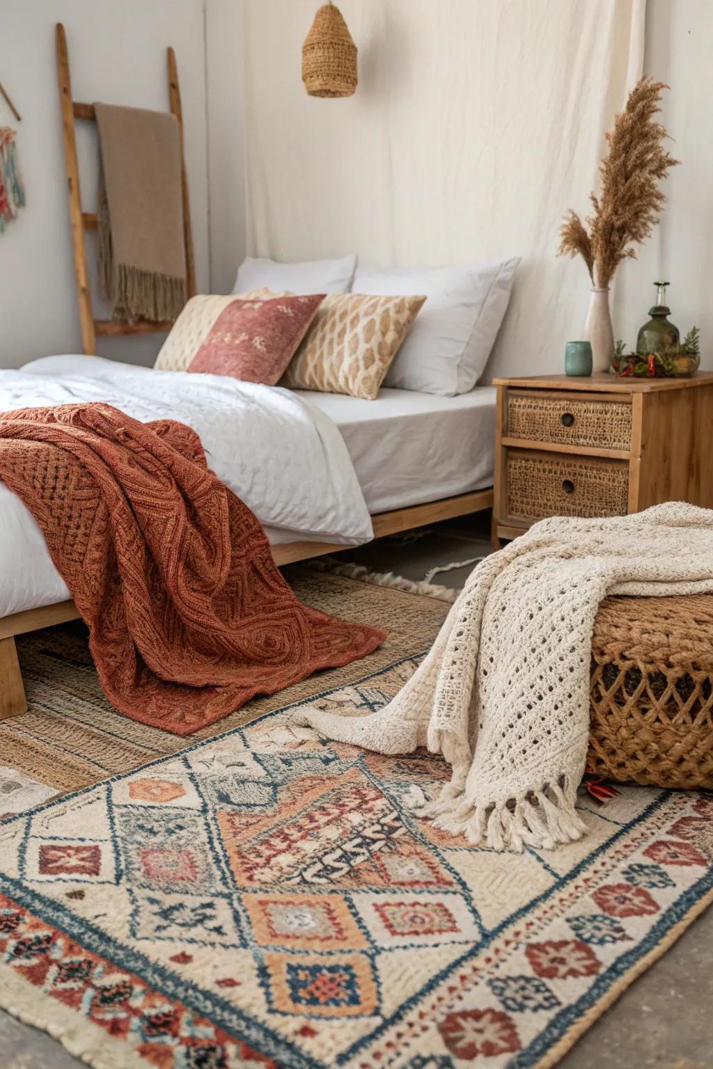 Layered textiles bring warmth and depth to small bedroom spaces.