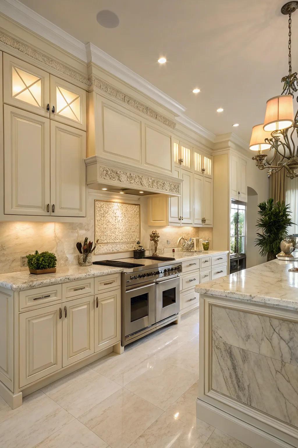 Marble countertops bring elegance to cream kitchens.