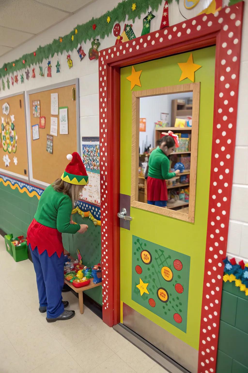 A classroom door depicting Santa's workshop, bustling with elves and toys.