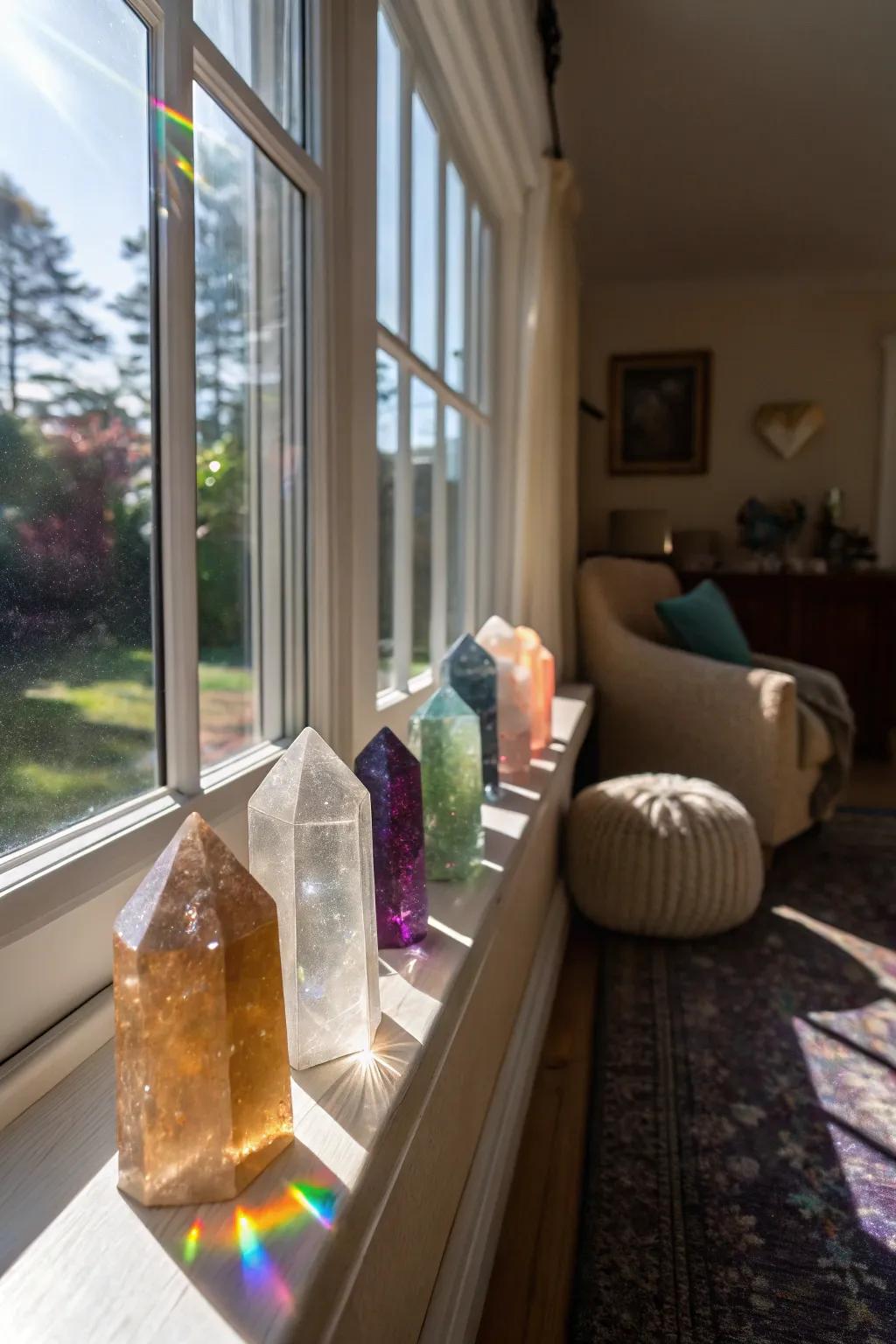 Crystals on a windowsill catching the morning sunlight.