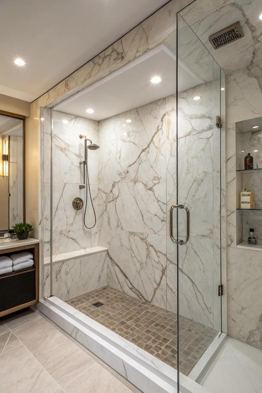 Distinctive veining patterns add a unique touch to cultured marble showers.