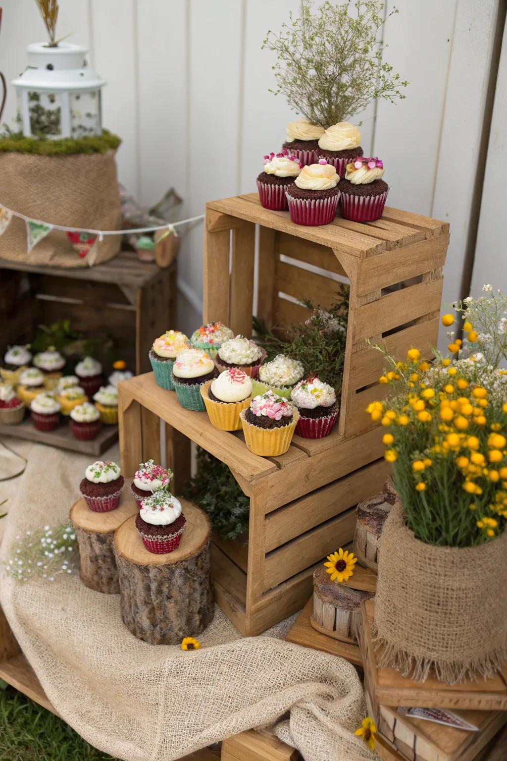 Rustic charm with cupcakes displayed on wooden crates.