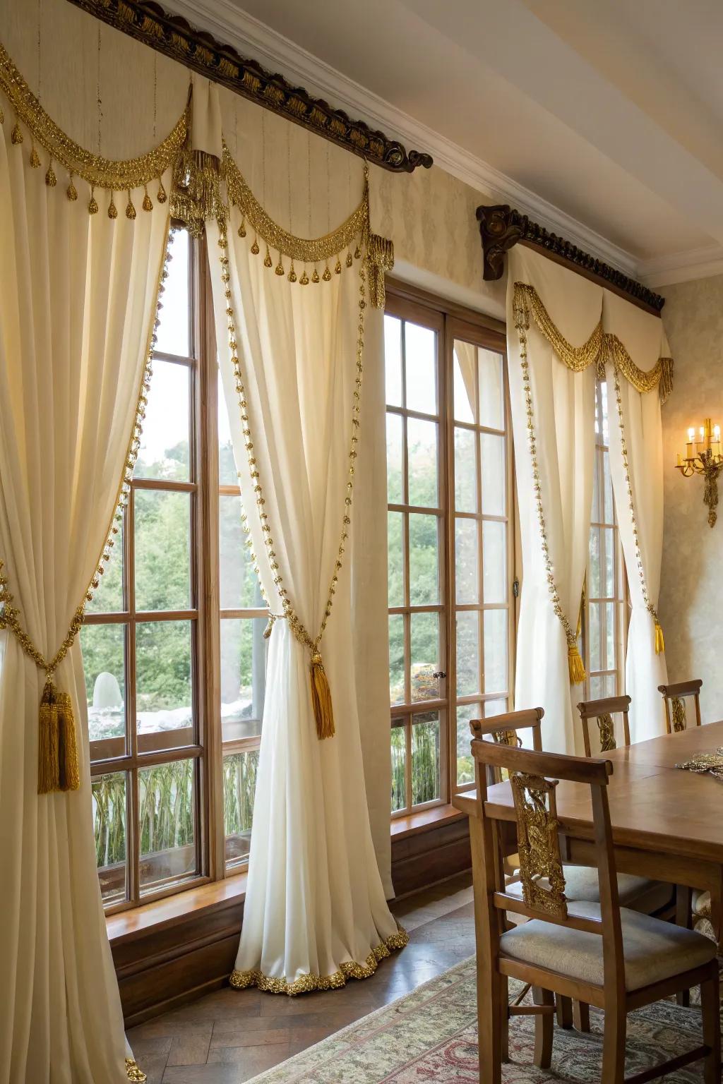 Dining room curtains featuring elegant gold tassel trims.