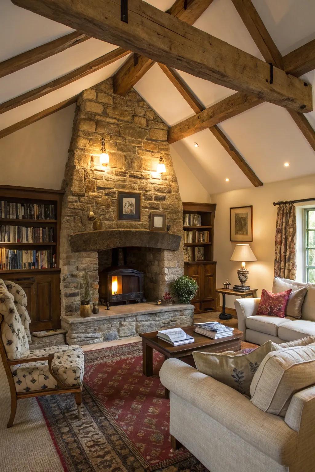 A rustic stone fireplace that adds charm and warmth to any living space.